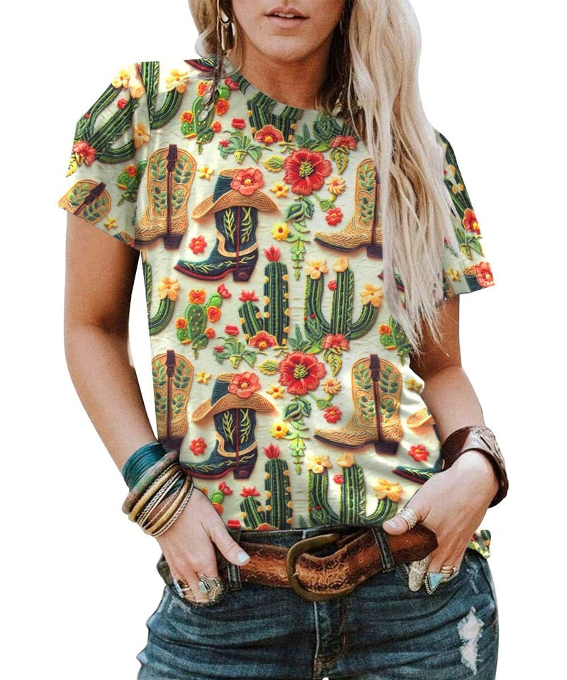 MHTOR Western Cactus Horse T-Shirt Cactus Shirts for Women Desert Horse Graphic Tee Casual Cowgirl Vintage Short Sleeve Tops(Small,Green-02) - Image 1
